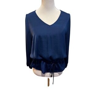 Banana Republic Womens Navy Blue Satin V-Neck Cinched Drawstring Peplum Blouse M